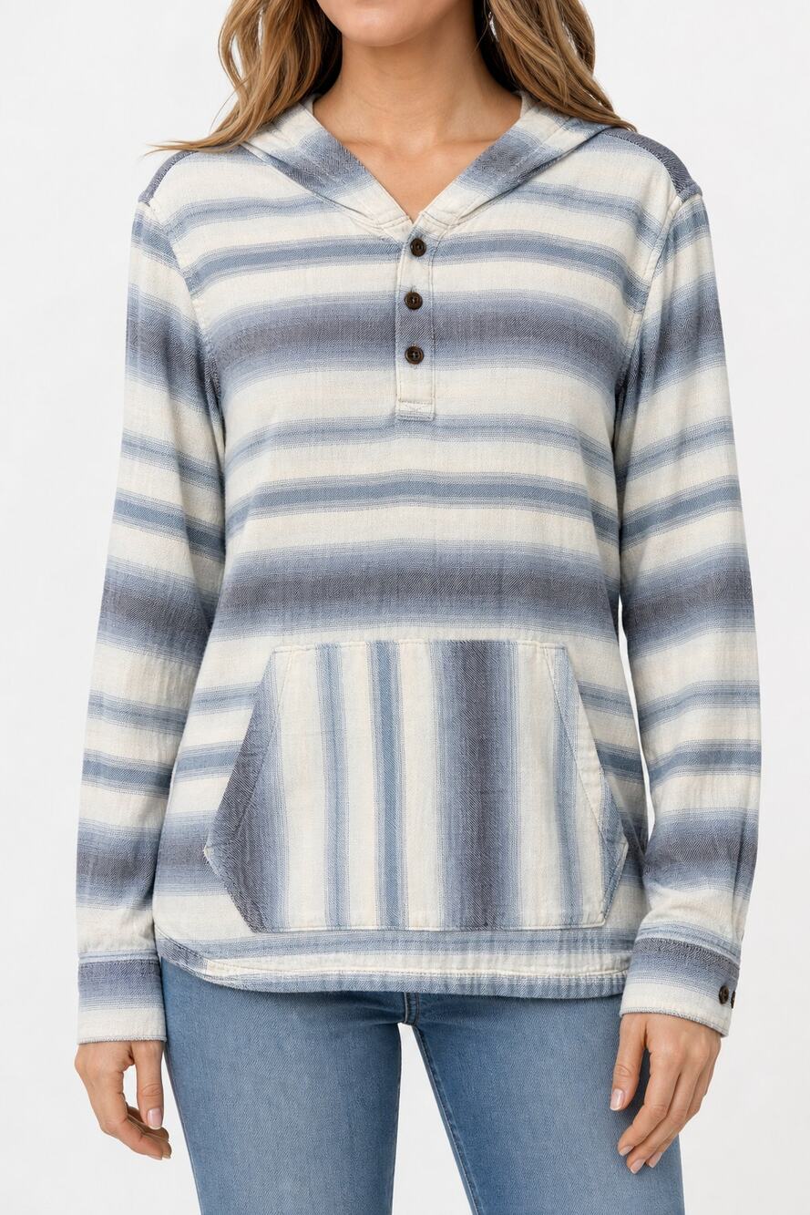 Lands' End Womens Striped 100% Cotton Hooded Henley Pullover S Beach Outdoors